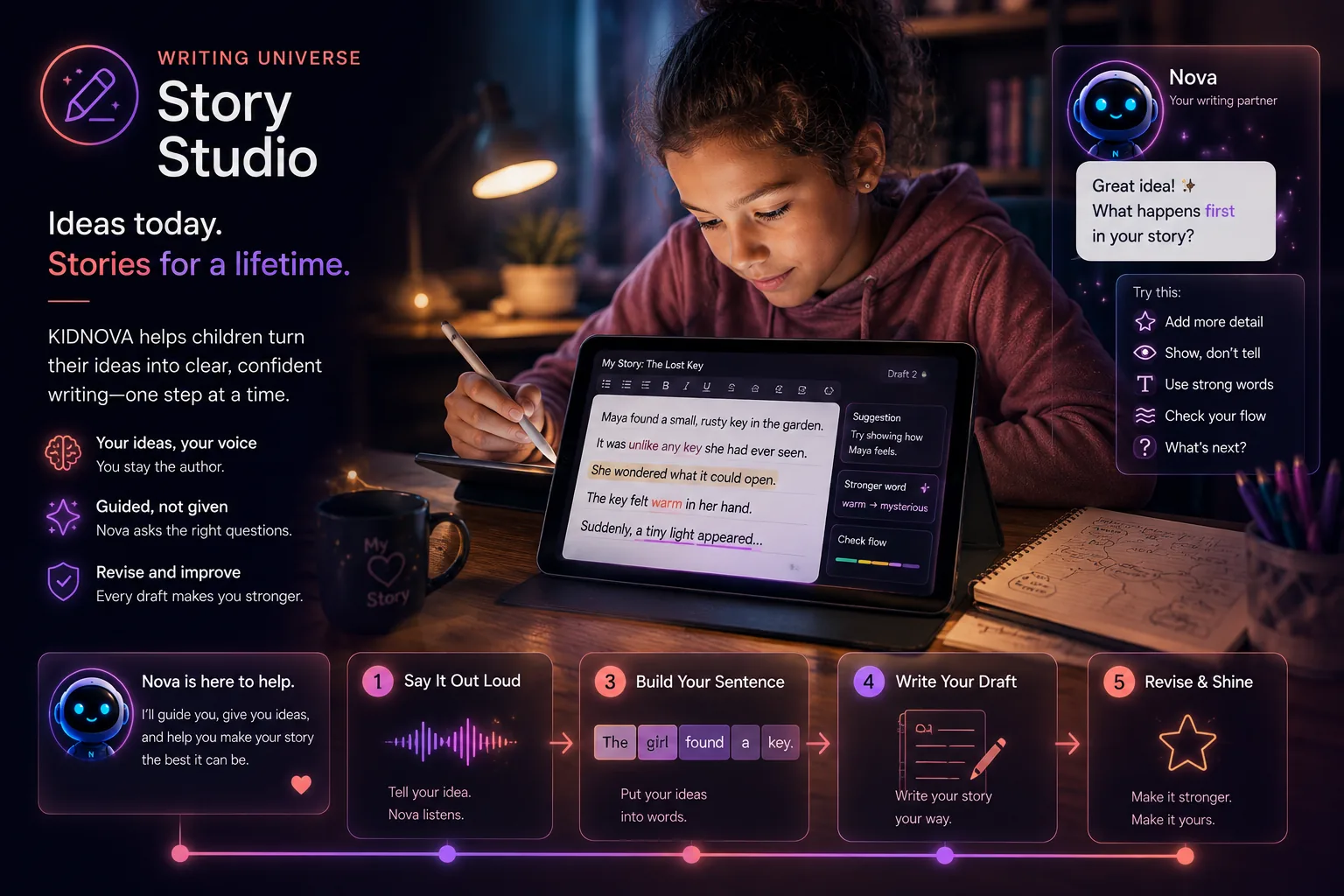Concept visual for the KIDNOVA Story Studio writing universe